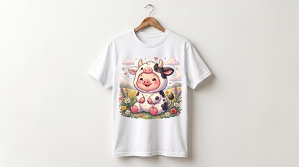 Fashionable t-shirt with cartoon cow print hangs on wooden hanger in room