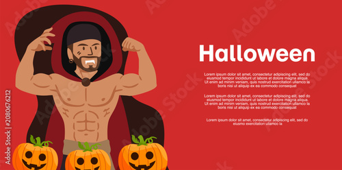 Obraz na płótnie muscular vampire man wearing black cape with halloween pumpkins
