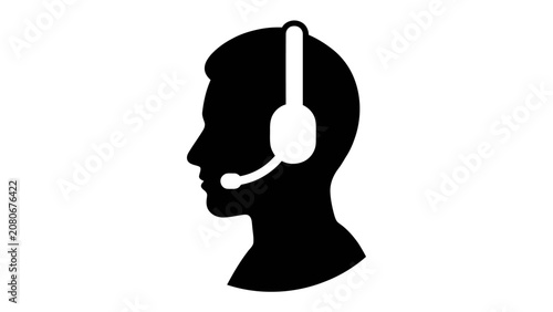Customer Service Icon: A graphic silhouette of a person wearing a headset with a microphone, representing customer support, call center, or telecommunication.