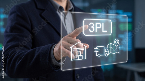 Professional manager using digital interface to manage third party logistics services in a modern corporate office