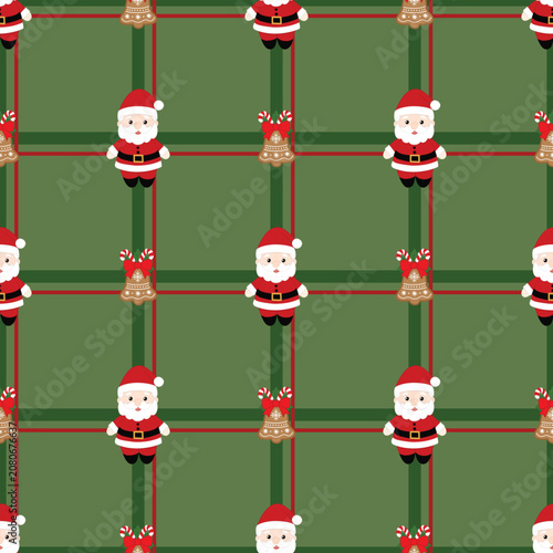 Christmas Santa and Candy Bell Seamless Plaid Pattern on Green Background, Cute Holiday Vector Illustration