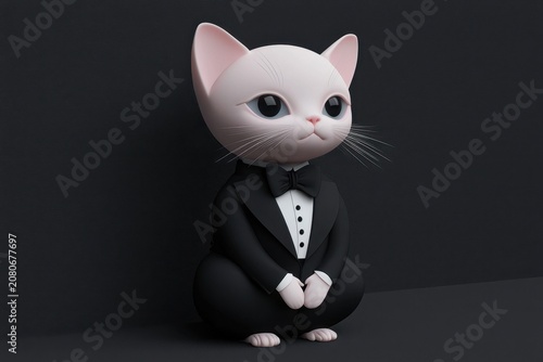Cartoon cat character in a tuxedo, sitting upright against a dark background, showcasing a playful and whimsical design with large expressive eyes
