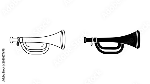 Canvas Print Trumpet Illustration Duo: A set of two stylized trumpets, one in outline and the other in solid black, presented side-by-side as clean vector graphics