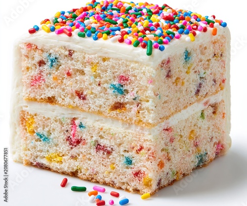 Decadent Funfetti Cake Slice with Vanilla Frosting and Colorful Sprinkles, Celebratory Dessert