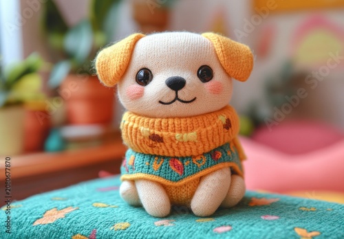 Cute plush dog toy wearing a knitted sweater, sitting on a colorful blanket with plants in the background, creating a cozy indoor atmosphere
