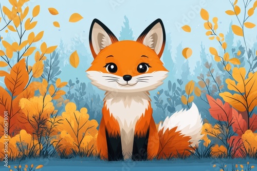 Cute cartoon fox character sitting in a colorful autumn forest surrounded by vibrant orange and yellow leaves and soft blue background