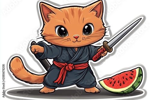 Cartoon illustration of an orange cat dressed as a ninja, holding a sword and standing next to a slice of watermelon on a white background