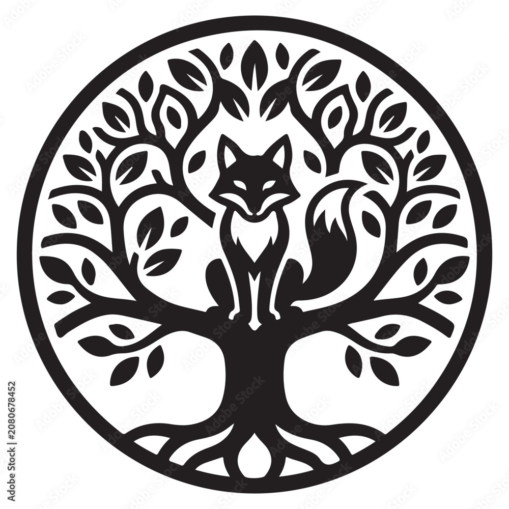 Fototapeta premium Decorative Tree Fox Logo Style Silhouette Line Art Bold Outline Nature Vector Emblem Illustration