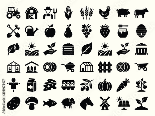 Black and white handmade vector farming agriculture crop animal and food solid icon set