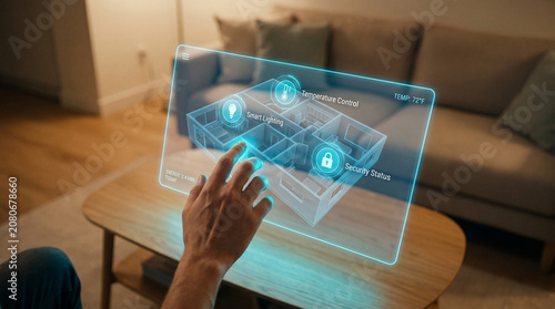 Person using a glowing blue digital touch screen interface to manage smart home automation systems