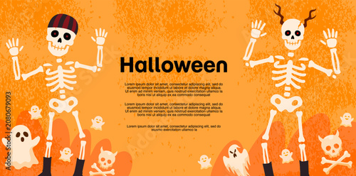 Foto Skeletons hold pitchfork while standing among glowing orange pumpkins