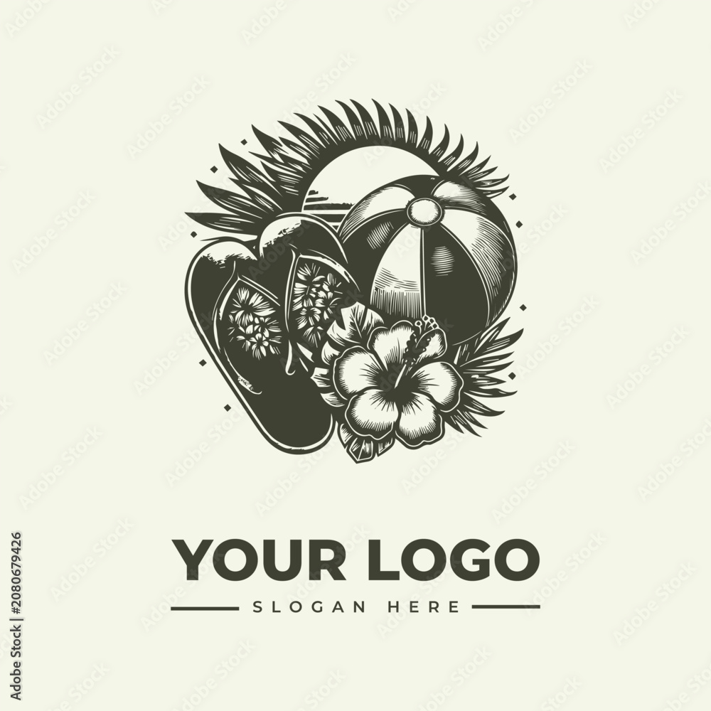 Fototapeta premium Vintage style summer vacation emblem with beach ball flip flops and hibiscus flower illustration.