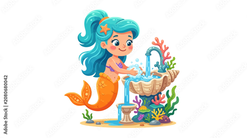 Fototapeta premium Cute Cartoon Mermaid Washing Hands at Seashell Fountain in Underwater Scene