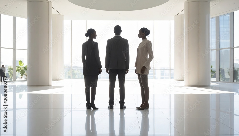 Fototapeta premium Business Team Silhouettes Meeting in Bright Modern Office Lobby