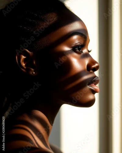 A beautiful girl's face in profile, close-up. Light falls on her face from the upper right through the stripes of blinds, creating dark and light stripes on her face.