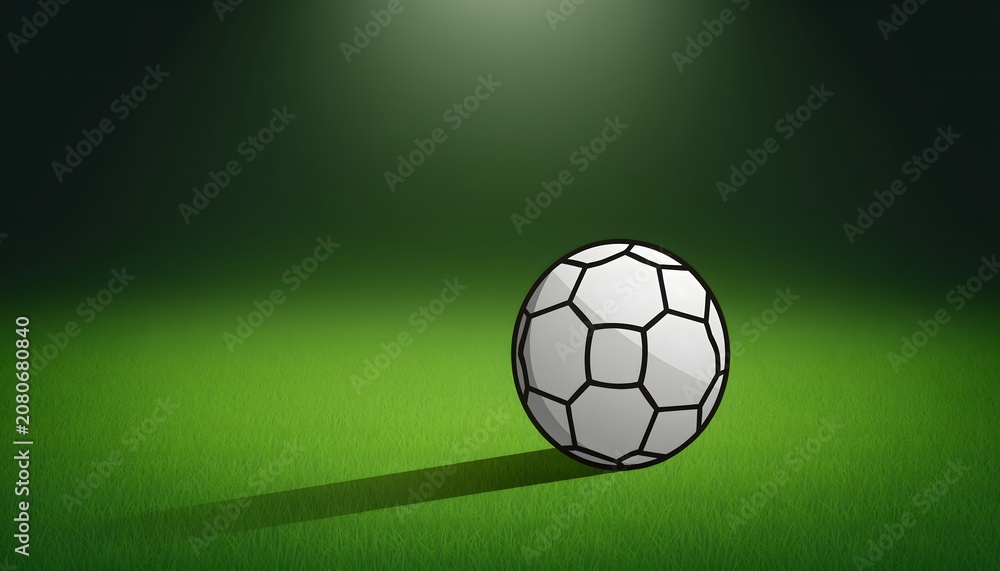 Fototapeta premium Graphic Soccer Ball Resting on Pristine Green Stadium Turf with a Single Bright Spotlight Illuminating the Pitch