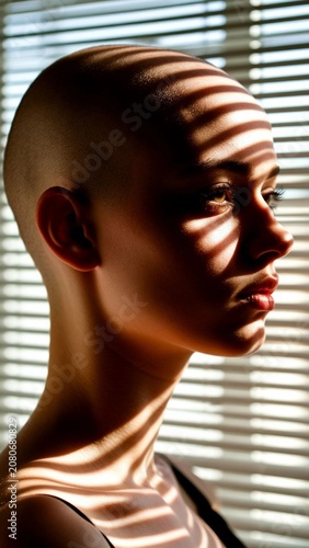 A beautiful girl's face in profile, close-up. Light falls on her face from the upper right through the stripes of blinds, creating dark and light stripes on her face.