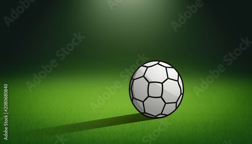 Graphic Soccer Ball Resting on Pristine Green Stadium Turf with a Single Bright Spotlight Illuminating the Pitch