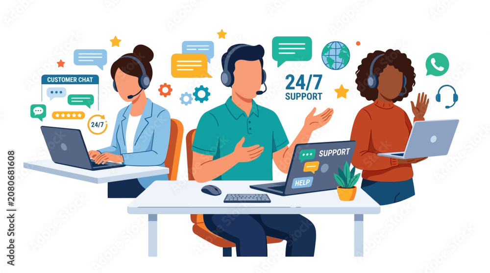 Fototapeta premium Friendly faceless customer service representatives wearing headsets