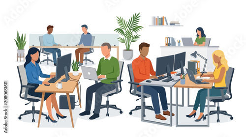 office workers using desktop computers and laptops at modern workstations