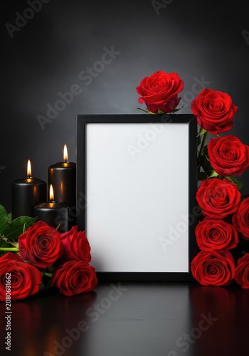 A vertical empty black picture frame surrounded by red roses and three black candles on a dark surface with copy space for text, atmospheric, creative, memorial