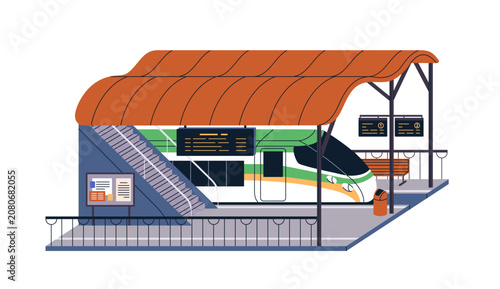 Passenger train at platform. Railway station with roof canopy, shelter, bench...