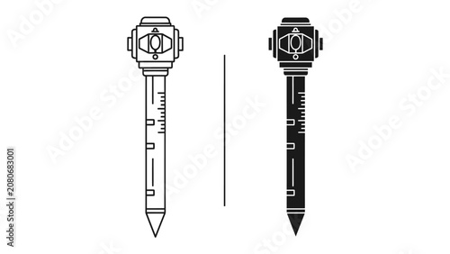 Photos Mace and Mace Outline: A stylized mace in outline and solid black versions, presented side-by-side on a clean white background, highlighting its intricate design and symbolism of power and authority