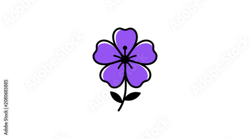 Hand drawn purple flower with five petals and stem on white background