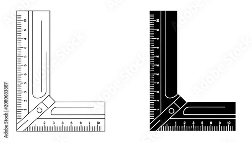 Photos Combination Square Set: A precision combination square with ruler and angle gauge in both line drawing and silhouette form, perfect for accurate measurement and layout in carpentry and metalworking