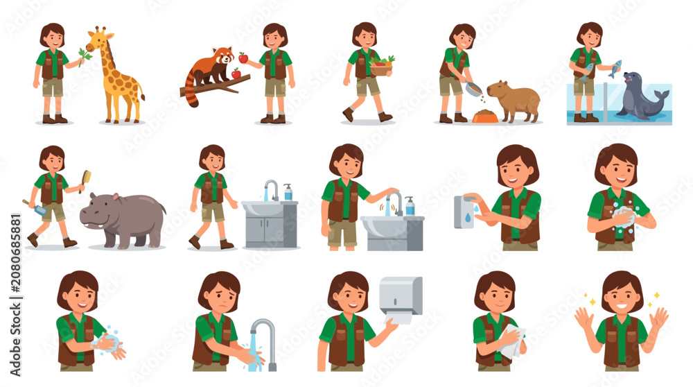 Fototapeta premium Zoo Keeper Caring for Animals and Practicing Hygiene