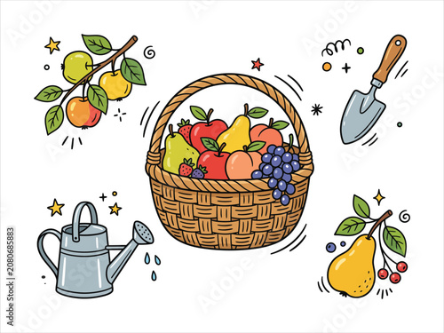Fruit basket gardening vector doodle icon set