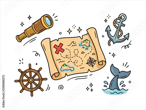Pirate treasure map adventure vector doodle set