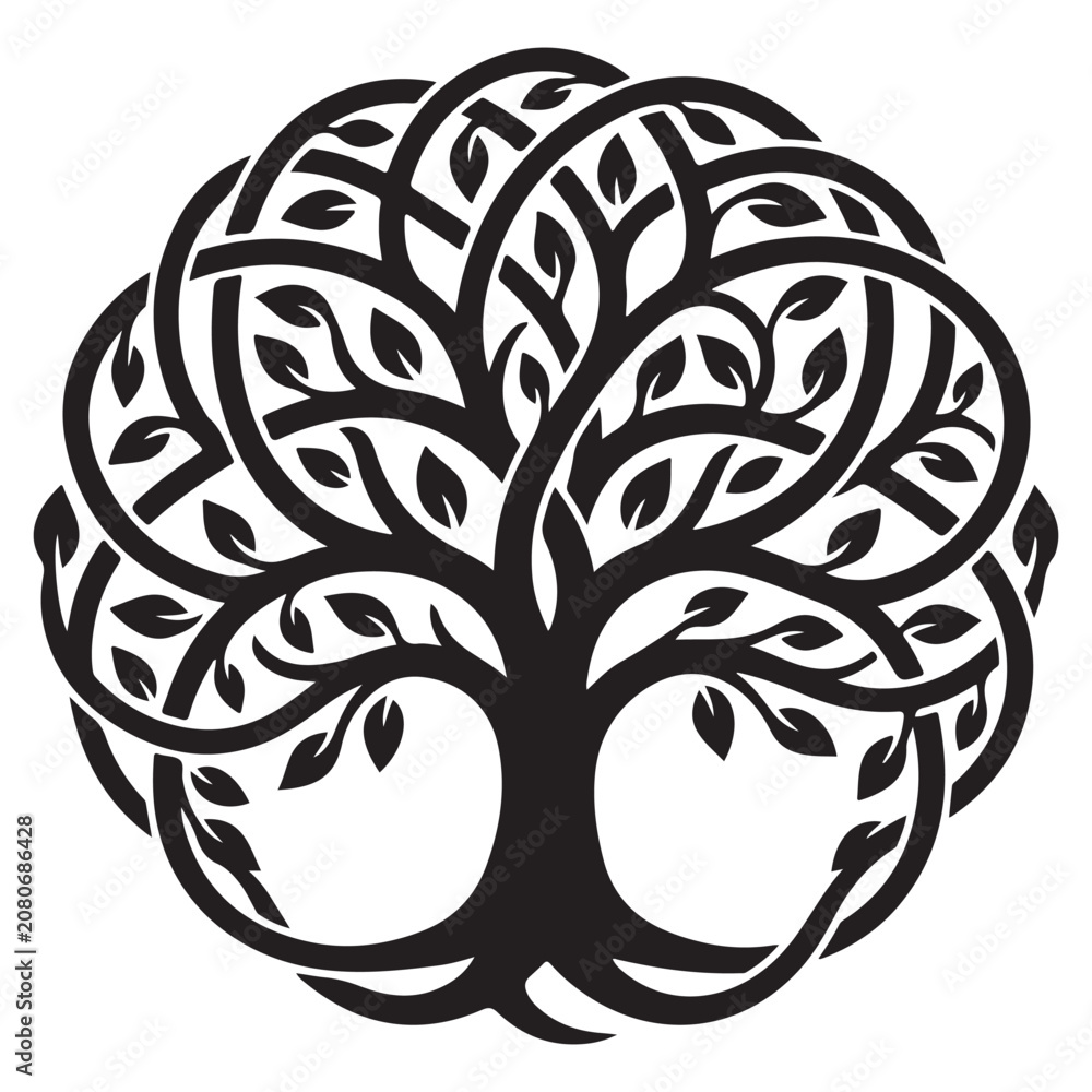 Fototapeta premium Decorative Tree Logo Style Silhouette Line Art Bold Outline Nature Vector Emblem Illustration