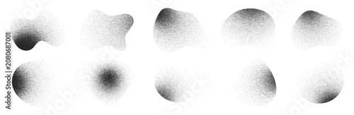 Abstract grainy gradient fluid shapes set. Black liquid stippled object set. Gradient grain dot shadow with noise effect on white background. Trendy noise texture organic elements vector.