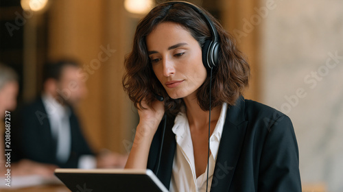 Lebanese interpreter wearing earpiece listens to AI-powered real time translation software on a tablet during tense multilateral peace negotiation, two diplomats speaking across