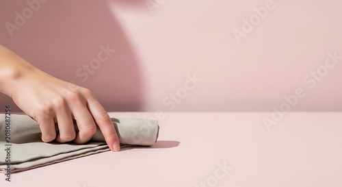 Hand holding paint roller on wall.