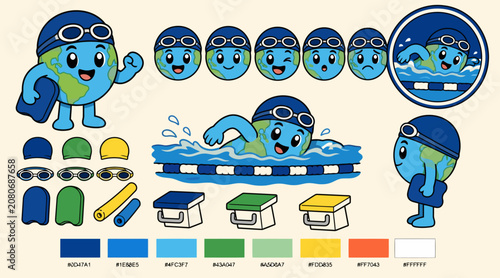 Slika na platnu Cartoon Earth Character Swimming with Accessories.