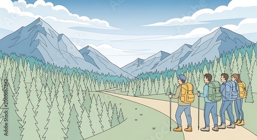Group of hikers on mountain trail.