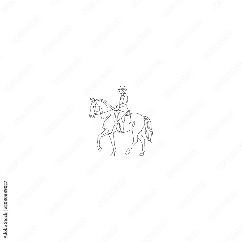 Fototapeta premium Continuous One Line Drawing of Female Equestrian Rider on Horse, Dressage Horseback Riding Minimalist Vector Illustration