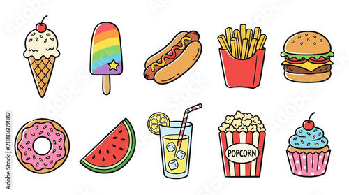 A playful collection of popular fast food, snacks, and sweet treats in a colorful cartoon style.