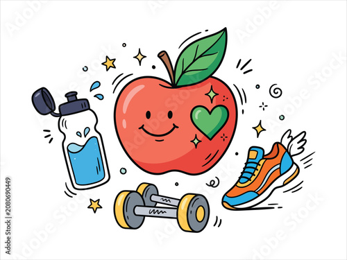 Healthy lifestyle fitness vector doodle icon set