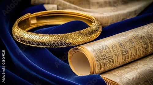 armlet. Golden serpent armlet on blue velvet with aged papyrus scrolls, historical elegance. event programs, museum guides, designed for cultural heritage projects and event programs.