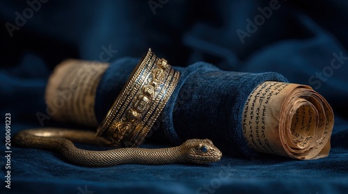 armlet. Golden serpent armlet on blue velvet with aged papyrus scrolls, historical elegance. event programs, museum guides, designed for cultural heritage projects and event programs.