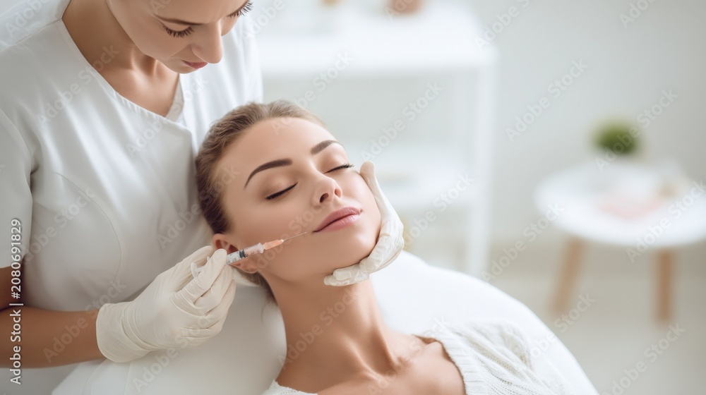 Obraz premium Dermatologist administers facial filler injection to a young woman in a modern clinic for aesthetic enhancement.