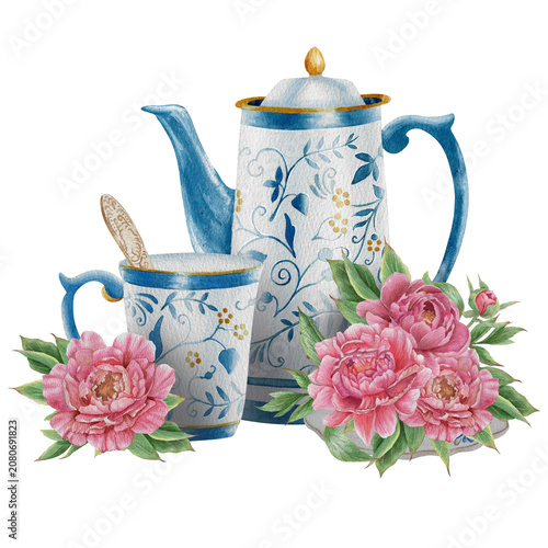 Vintage Watercolor Peony Tea Party Clipart Set Blue teapot and cup with peonies Botanical Collection PNG transparent background