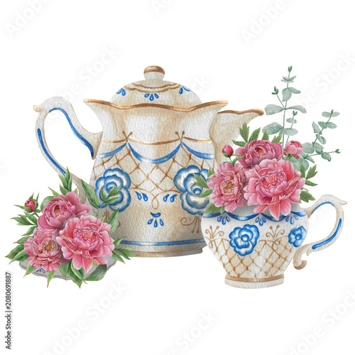 Vintage Watercolor Peony Tea Party Clipart Set Vintage teapot, cup and peonies Botanical Collection PNG transparent background