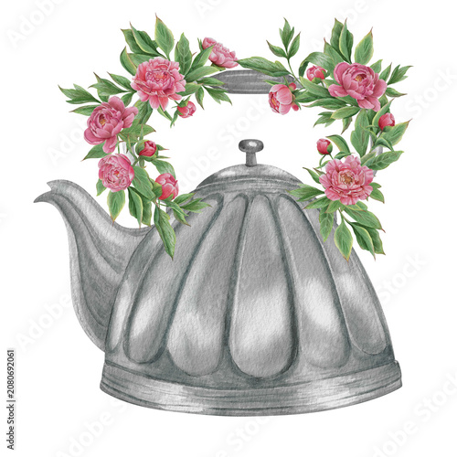 Vintage Watercolor Peony Tea Party Clipart Set Metal grey teapot with peony wreath Botanical Collection PNG transparent background