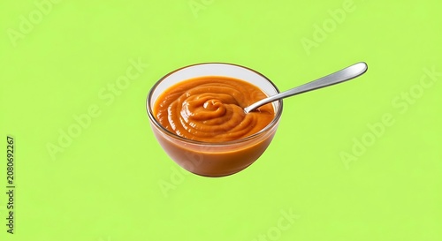 Creamy caramel pudding in glass bowl with spoon on vibrant green background