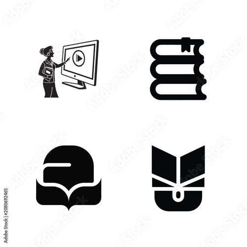 Set of black and white education icons showing digital learning and reading books in a minimalist style
