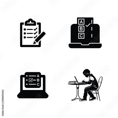 Black and white vector icons set representing online education study and examination testing process